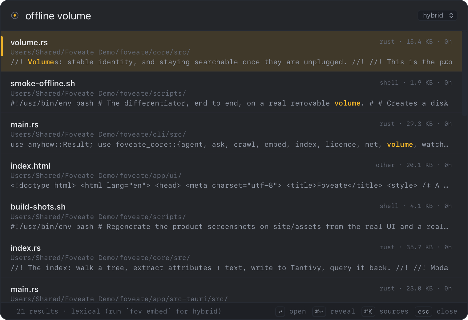 The Foveate panel searching for 'offline volume'. Seven results, each with file name, language, size, age, folder path and a highlighted snippet. The status bar reads '20 results - lexical'.